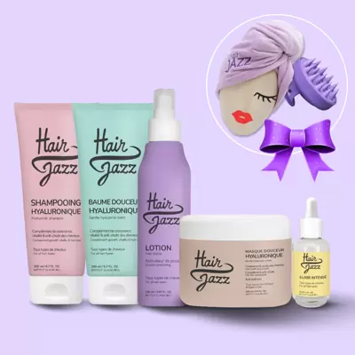 Jõulukink! HAIR JAZZ komplekt: šampoon + lotion + palsam + mask + serum + KINGITUS (juuksekasvu stimulaator + turbanrätik)!
